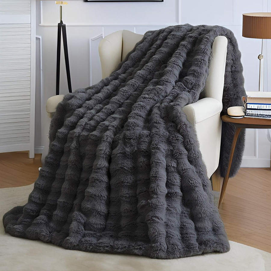 Black Grey Luxury Tuscany Fleece Rabbit Fur Bubble Blanket - Double-Sided view 4