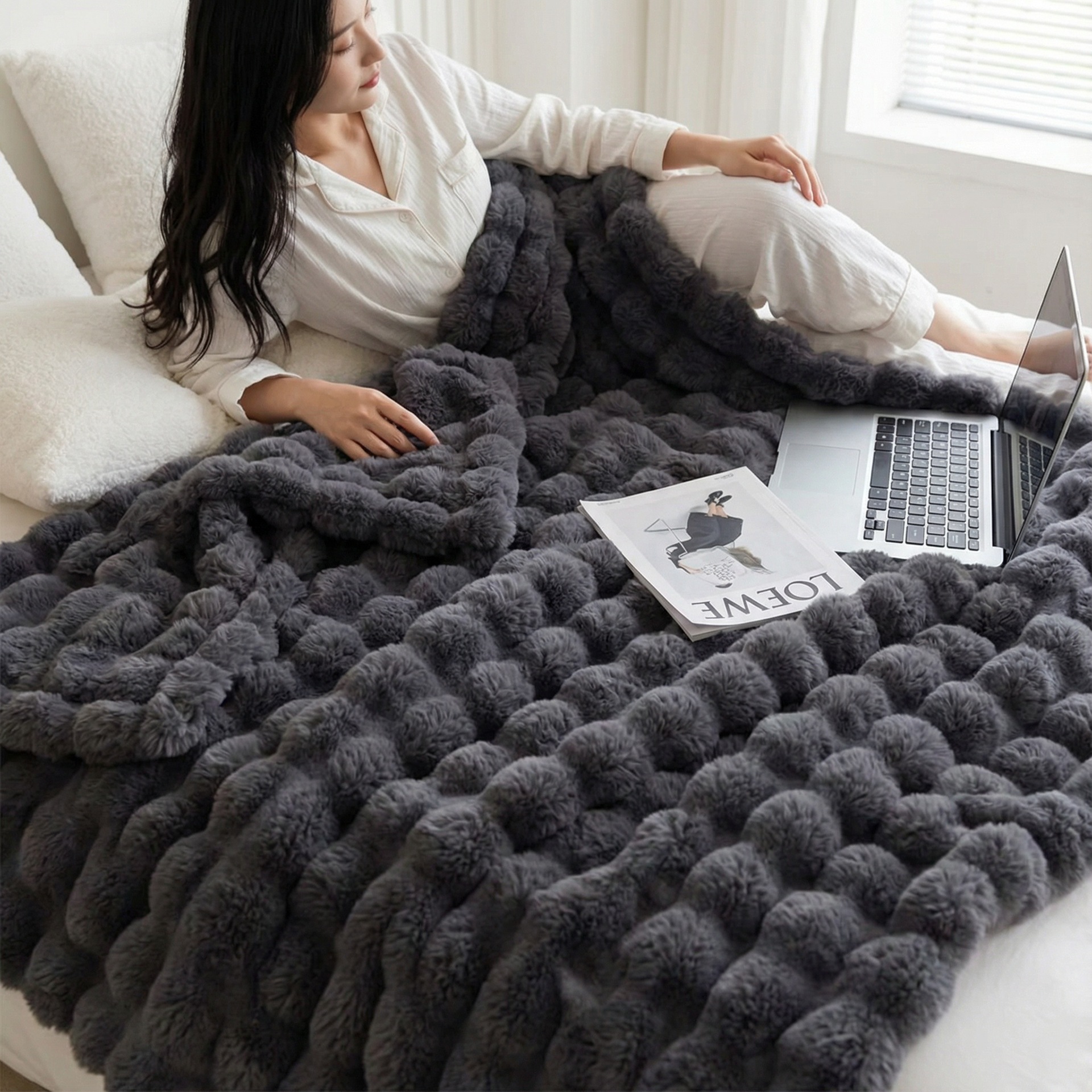 Black Grey Luxury Tuscany Fleece Rabbit Fur Bubble Blanket - Double-Sided view 2
