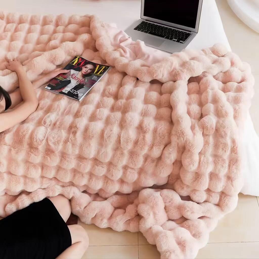Pink Luxury Tuscany Fleece Rabbit Fur Bubble Blanket - Double-Sided Thickened