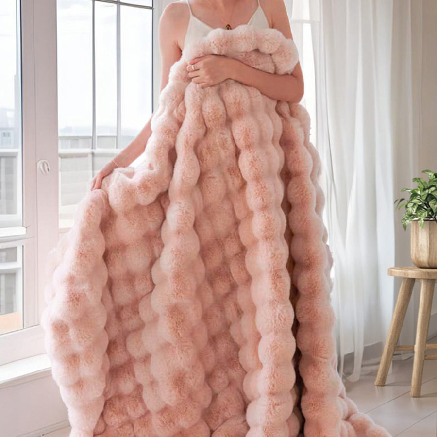 Pink Luxury Tuscany Fleece Rabbit Fur Bubble Blanket - Double-Sided Thickened view 3