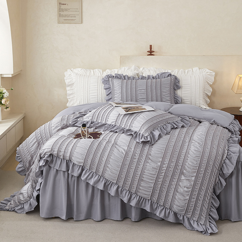 White Elegant Ruffle Seersucker Duvet Cover with 2PCS Pillow Shams - 3-Piece view 3