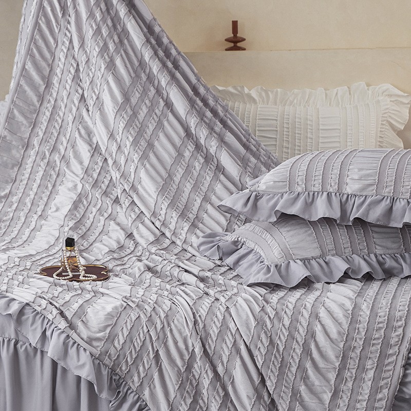 White Elegant Ruffle Seersucker Duvet Cover with 2PCS Pillow Shams - 3-Piece view 4