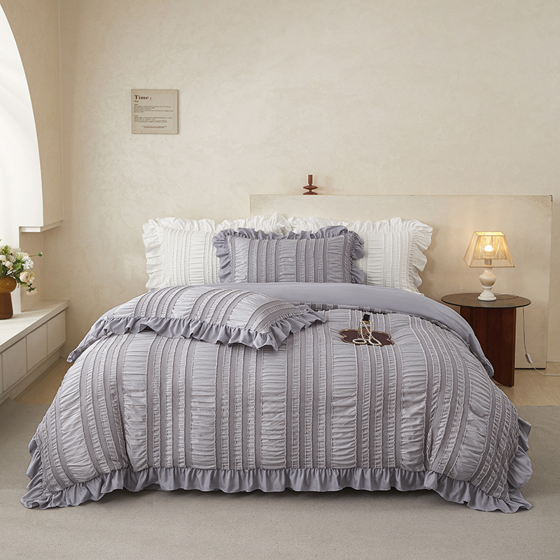 Grey Elegant Ruffle Seersucker Duvet Cover with 2PCS Pillow Shams - 3-Piece — image 1