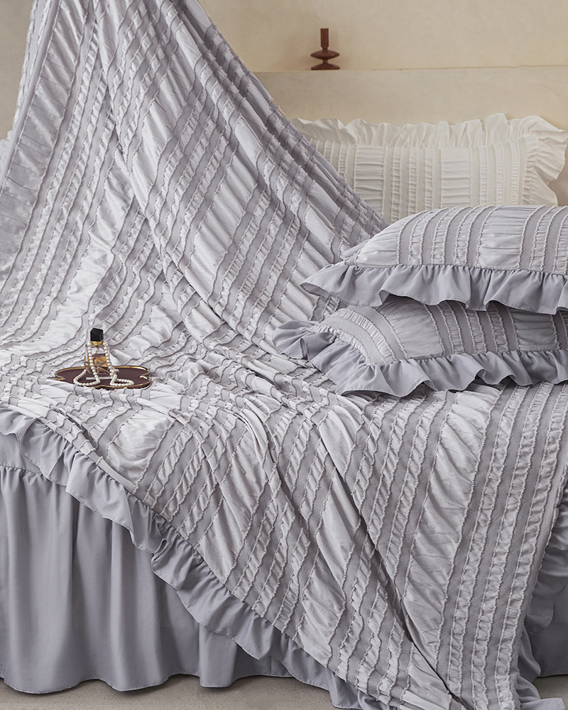 Grey Elegant Ruffle Seersucker Duvet Cover with 2PCS Pillow Shams - 3-Piece view 3
