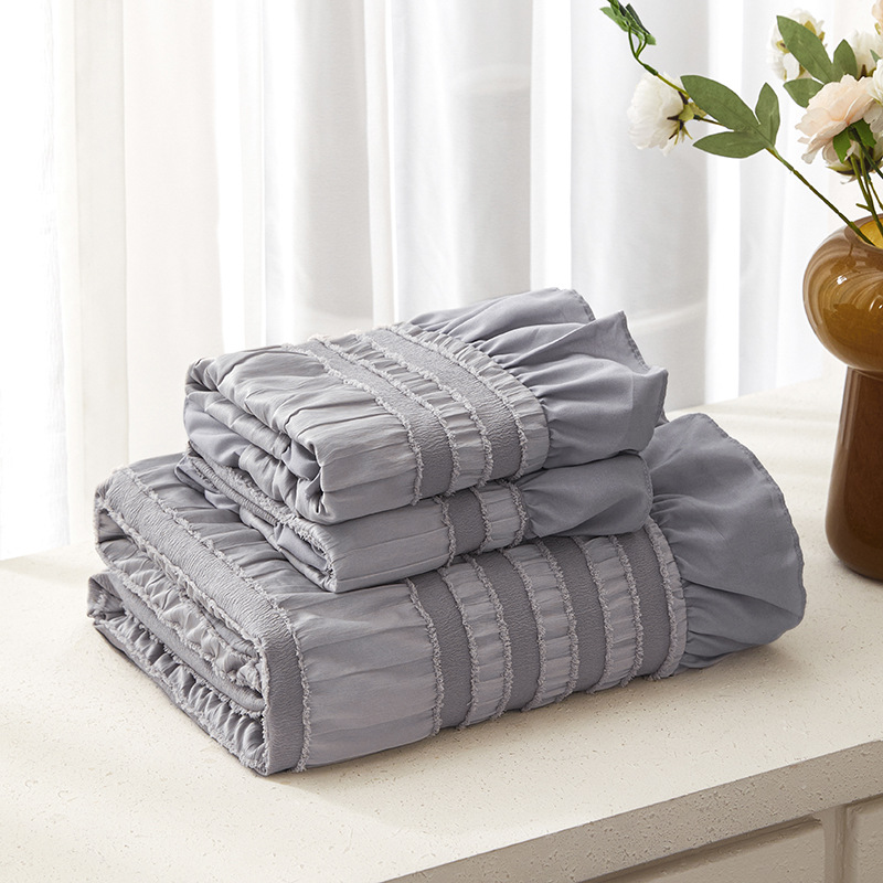 Grey Elegant Ruffle Seersucker Duvet Cover with 2PCS Pillow Shams - 3-Piece view 4