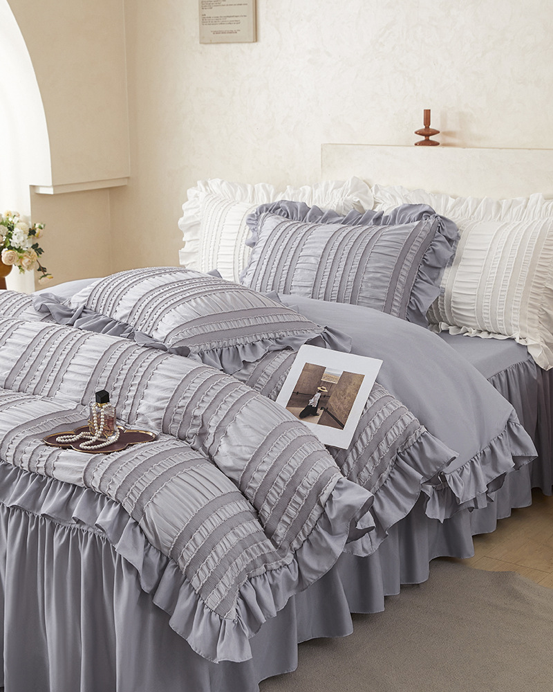 Grey Elegant Ruffle Seersucker Duvet Cover with 2PCS Pillow Shams - 3-Piece view 2