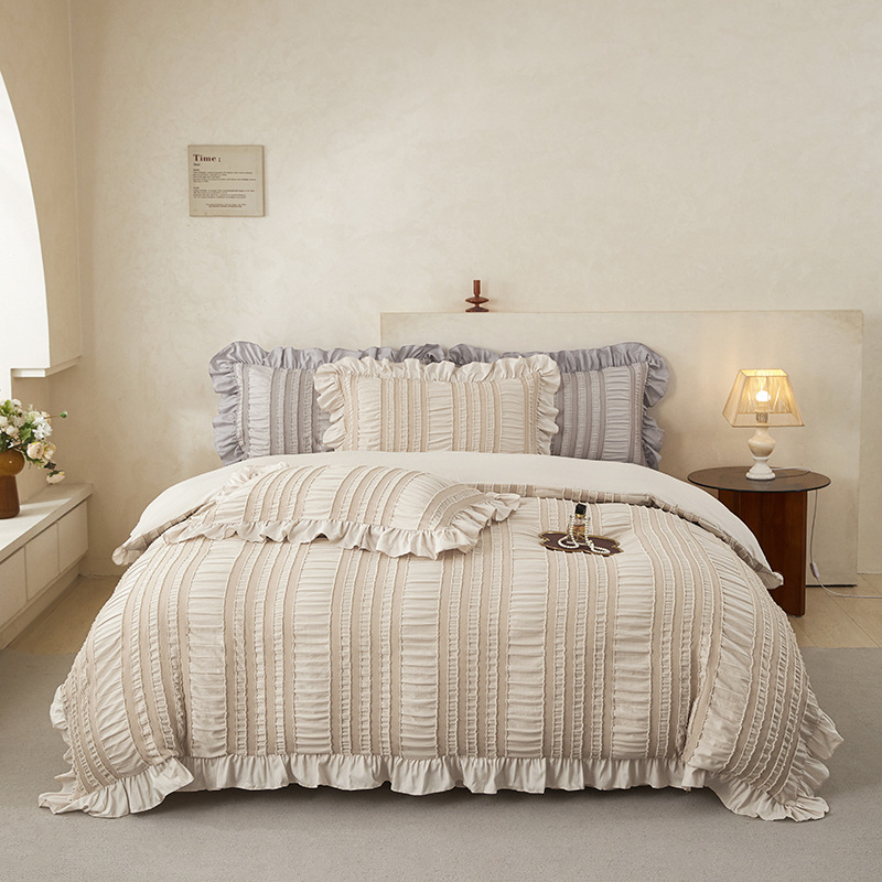 Beige Elegant Ruffle Seersucker Duvet Cover with 2PCS Pillow Shams - 3-Piece — image 1