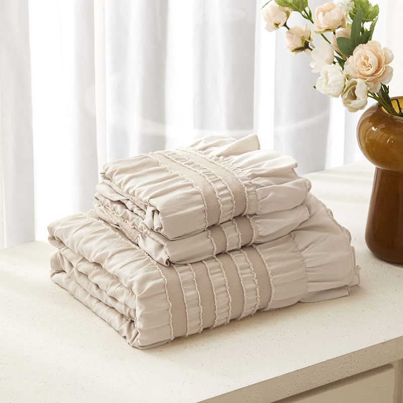 Beige Elegant Ruffle Seersucker Duvet Cover with 2PCS Pillow Shams - 3-Piece view 2