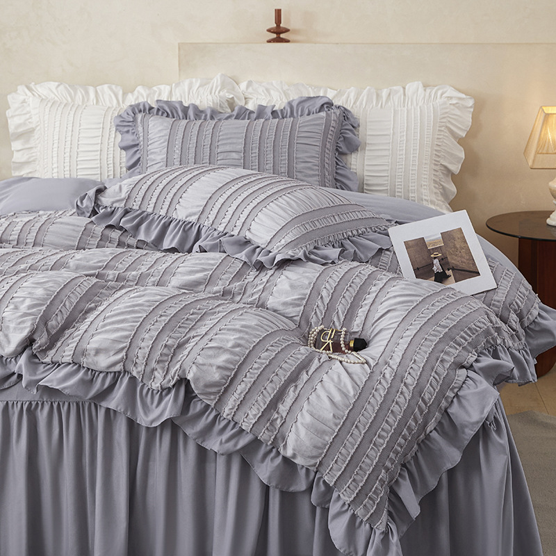 Beige Elegant Ruffle Seersucker Duvet Cover with 2PCS Pillow Shams - 3-Piece view 3