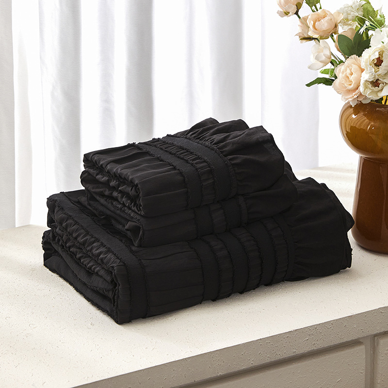 Black Elegant Ruffle Seersucker Duvet Cover with 2PCS Pillow Shams - 3-Piece view 2