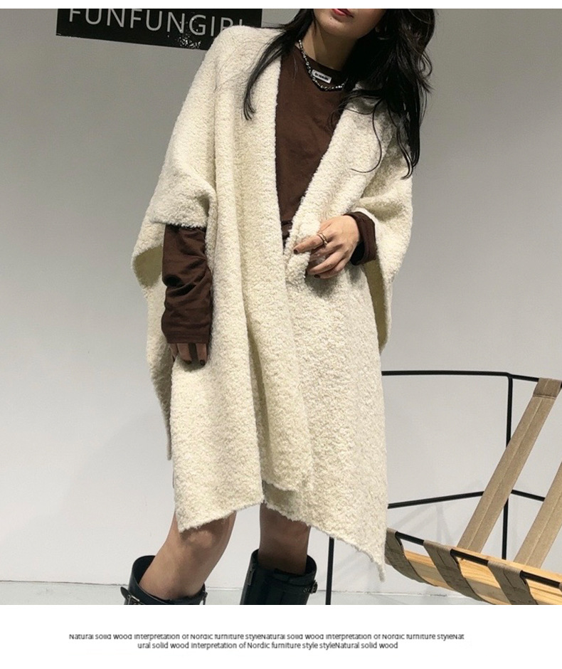 Beige Premium Knitted Wool Blend Poncho - Elegant Thickened Drape Shawl & Cape