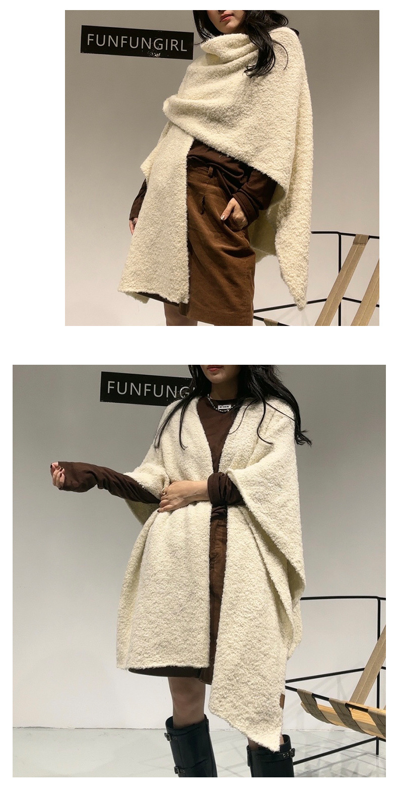 Beige Premium Knitted Wool Blend Poncho - Elegant Thickened Drape Shawl & Cape view 2