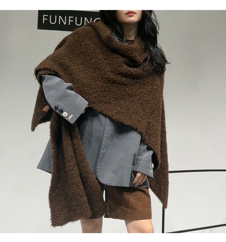 Brown Premium Knitted Wool Blend Poncho - Elegant Thickened Drape Shawl & Cape
