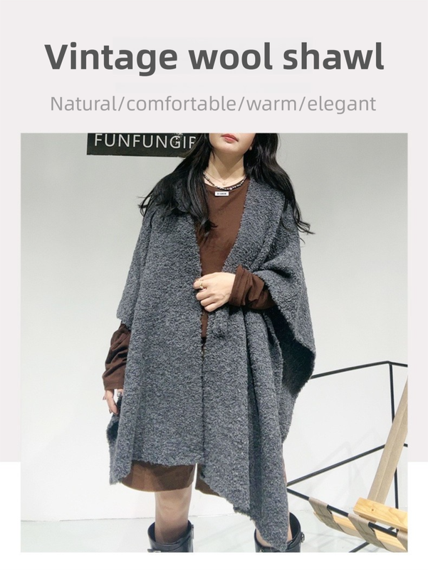 Brown Premium Knitted Wool Blend Poncho - Elegant Thickened Drape Shawl & Cape view 3
