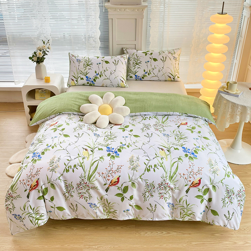 4-Piece Elegant Green Bouquet Printed Soft-Touch Brushed Bedding Set for 1.5M