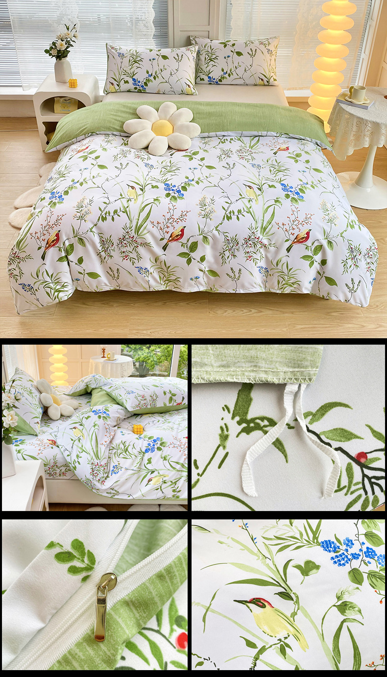 4-Piece Elegant Green Bouquet Printed Soft-Touch Brushed Bedding Set for 1.8M view 4