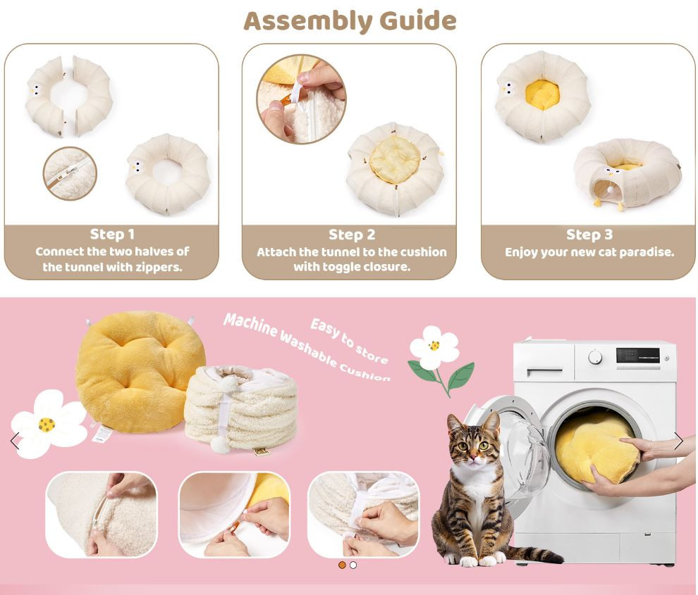 White Cute Foldable Cat Tunnel Bed with Dual-Zipper Detachable & Connectable view 3