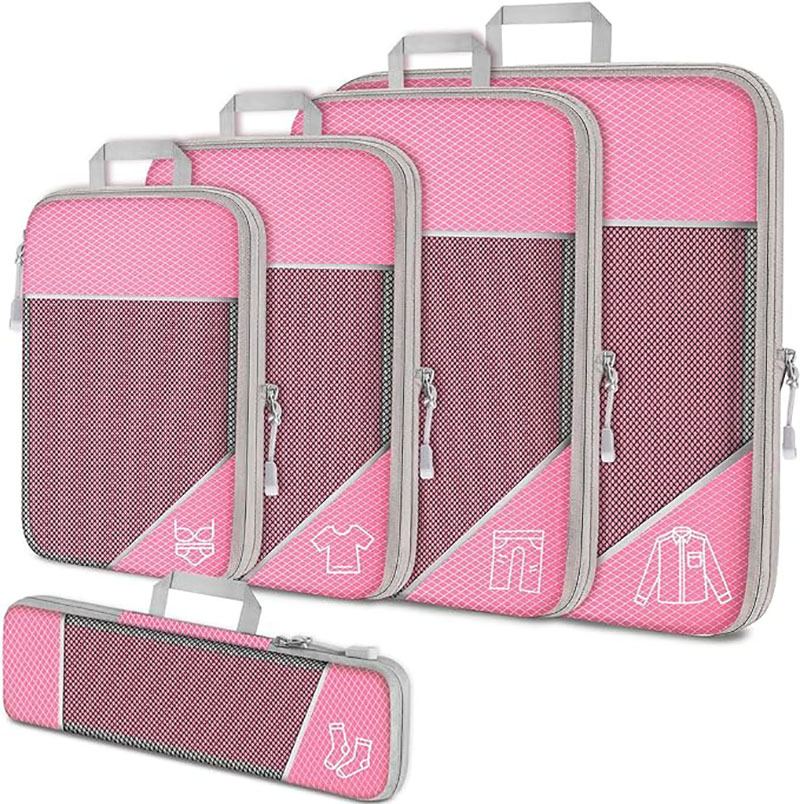 Pink Waterproof Travel Compression Packing Cube Set of 5 Sizes with Carry