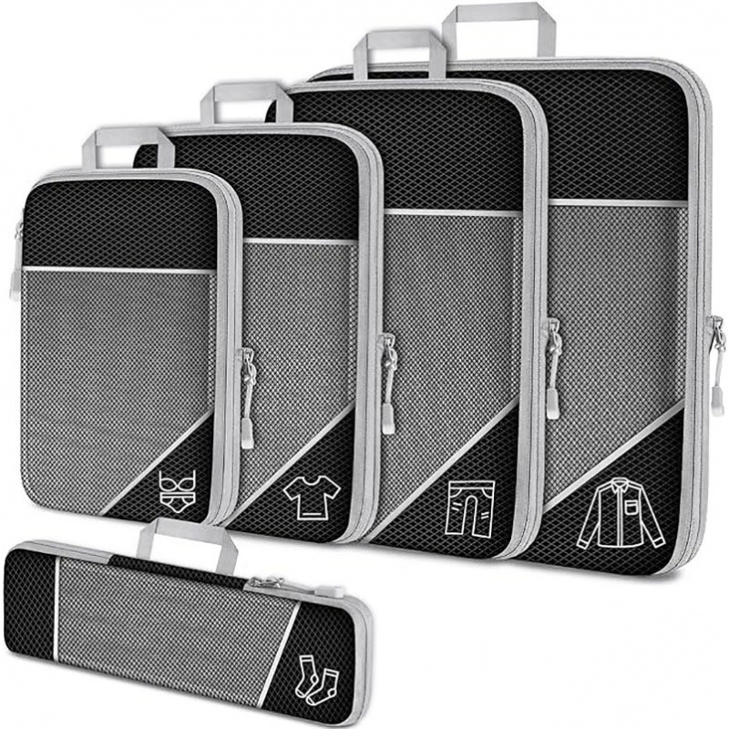 Black Waterproof Travel Compression Packing Cube Set of 5 Sizes with Carry