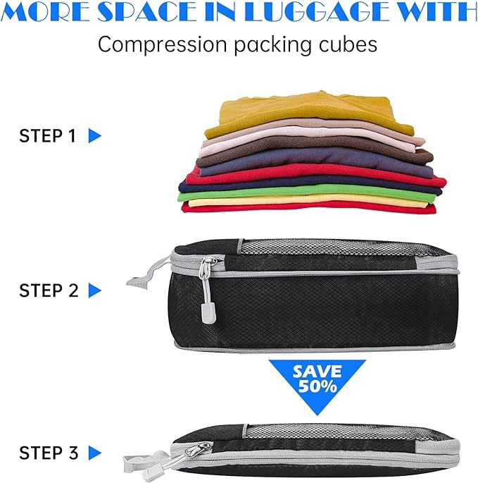 Black Waterproof Travel Compression Packing Cube Set of 5 Sizes with Carry view 2