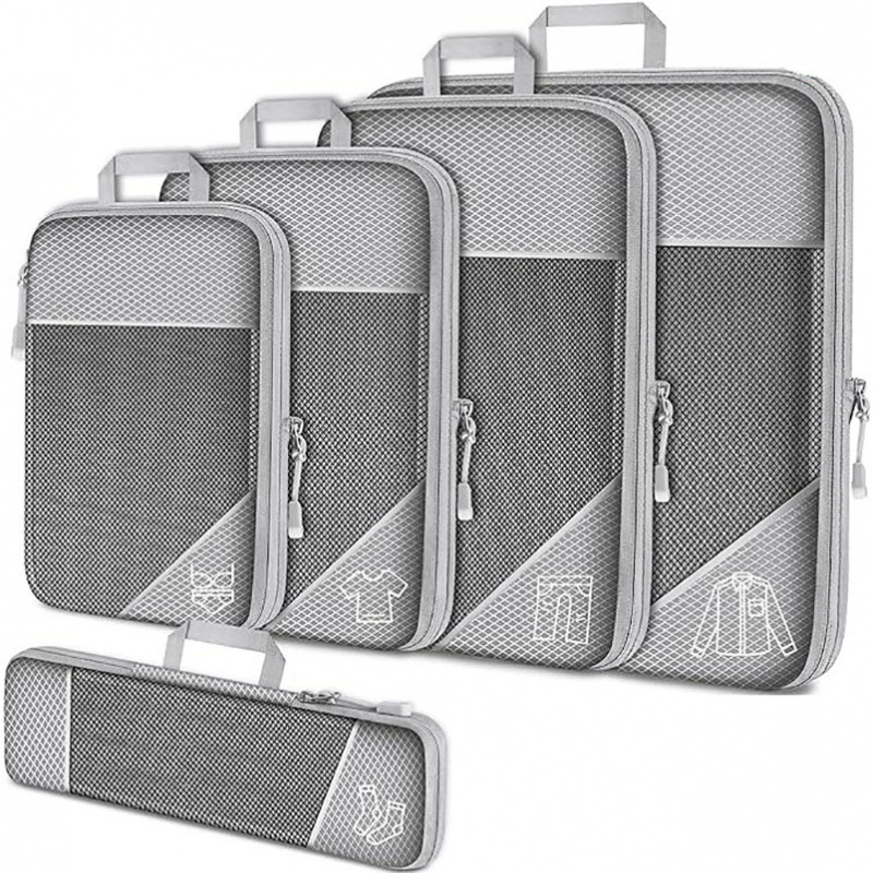 Grey Waterproof Travel Compression Packing Cube Set of 5 Sizes with Carry