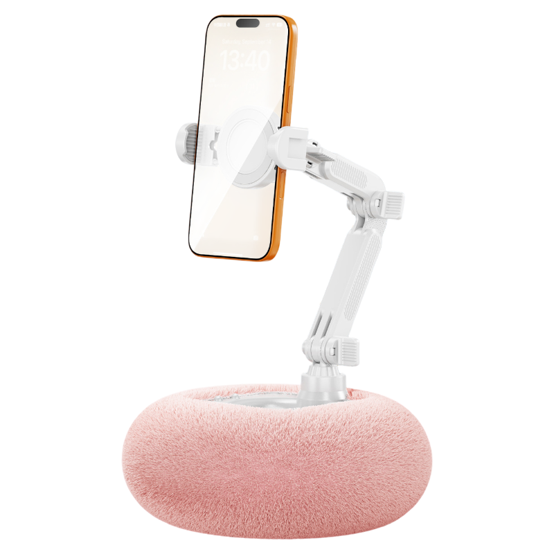 2-in-1 Pink Soft Plush Pillow Base & Phone Holder - 3-Axis 180° Rotation