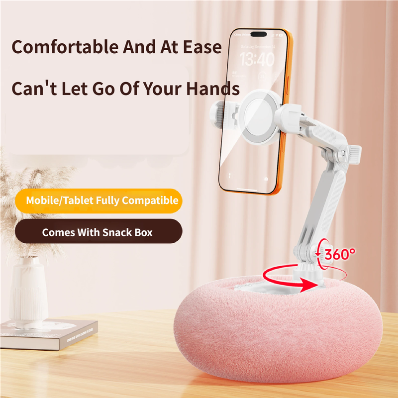 2-in-1 Pink Soft Plush Pillow Base & Phone Holder - 3-Axis 180° Rotation view 2
