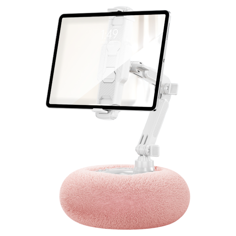 2-in-1 Pink Soft Plush Pillow Base & Tablet Holder - 3-Axis 180° Rotation