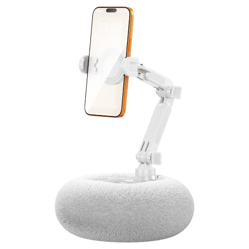 2-in-1 White Soft Plush Pillow Base & Phone Holder - 3-Axis 180° Rotation