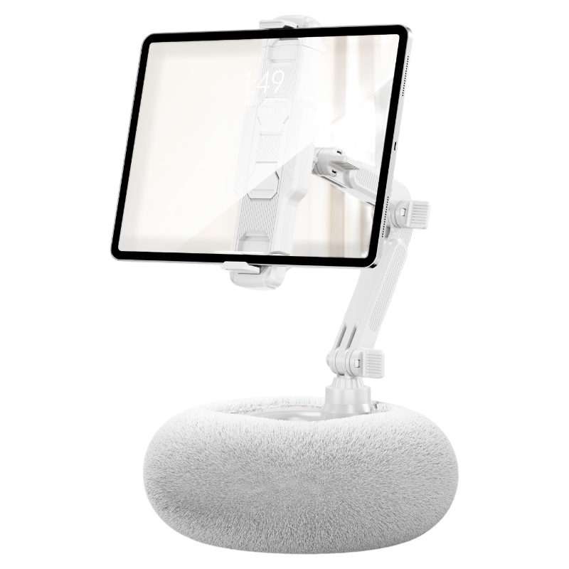 2-in-1 White Soft Plush Pillow Base & Tablet Holder - 3-Axis 180° Rotation