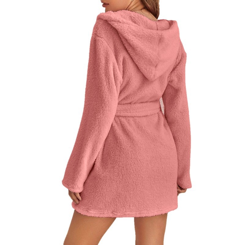 Pink M Size Women's Ultra-Thick Plush Robe with Large Hood & Pockets - Warm view 2