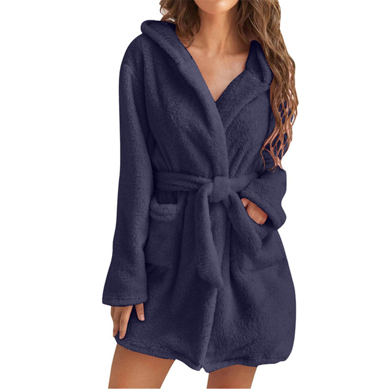 Dark Blue M Size Women's Ultra-Thick Plush Robe with Large Hood & Pockets — image 1