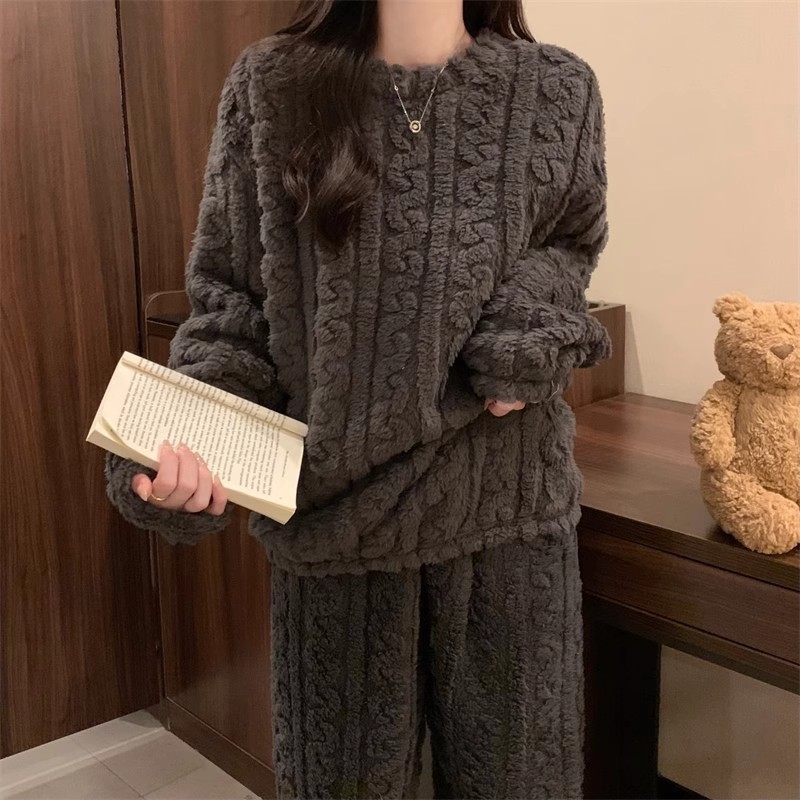 Grey Coral Fleece Jacquard Thermal Pajama Set — Autumn/Winter Fleece-Lined view 3