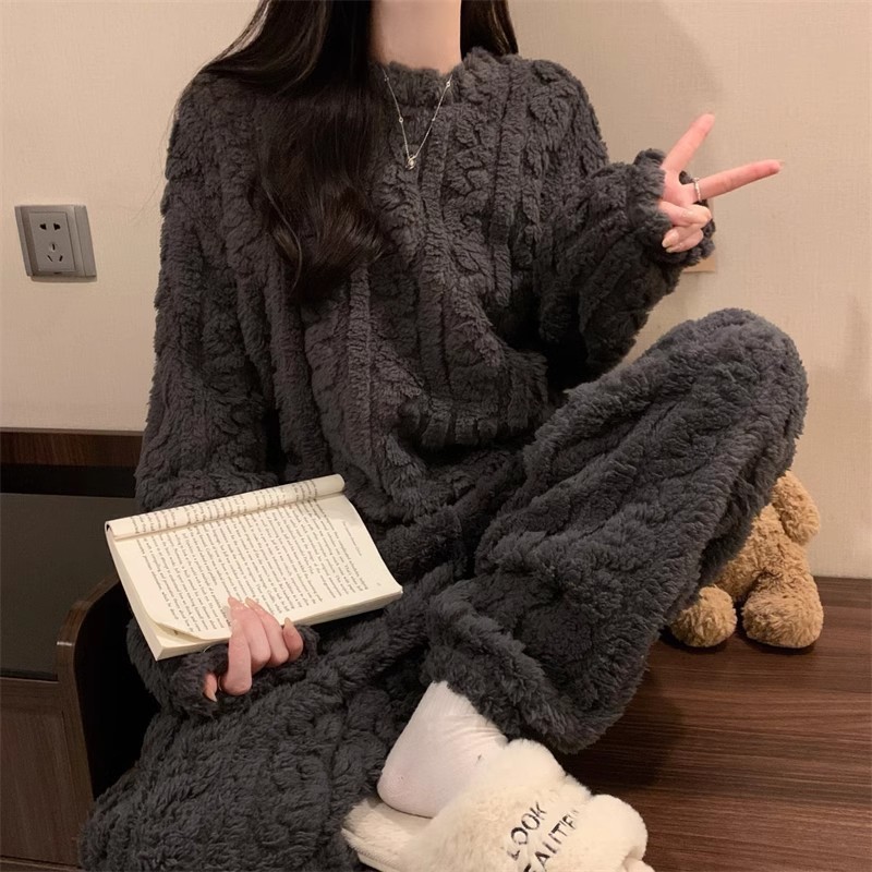 Grey Coral Fleece Jacquard Thermal Pajama Set — Autumn/Winter Fleece-Lined view 4