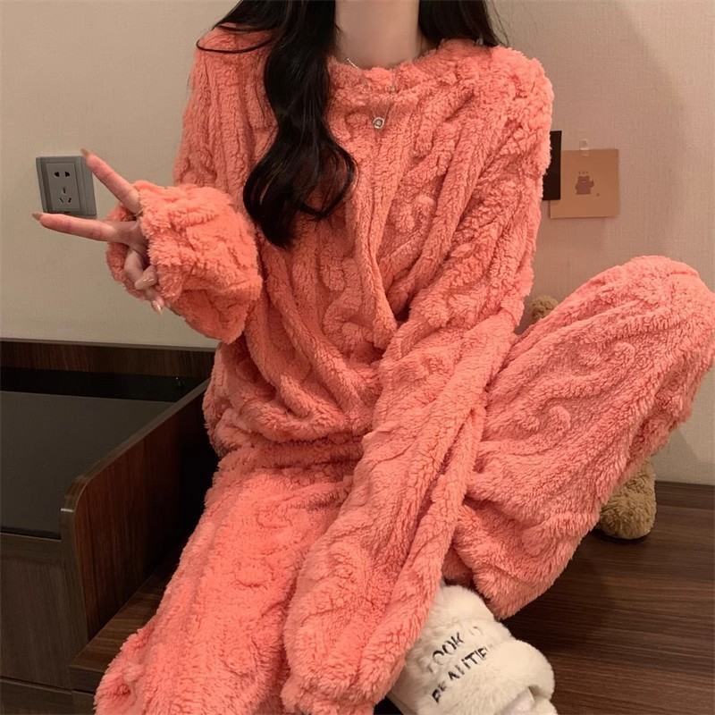Pink Coral Fleece Jacquard Thermal Pajama Set — Autumn/Winter Fleece-Lined — image 1