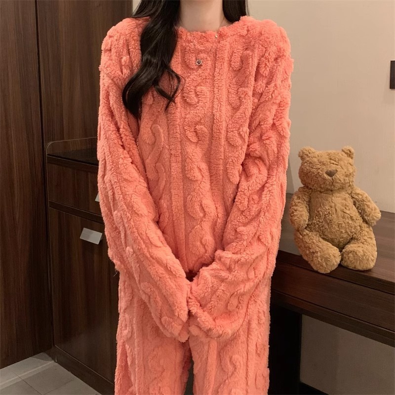 Pink Coral Fleece Jacquard Thermal Pajama Set — Autumn/Winter Fleece-Lined view 3