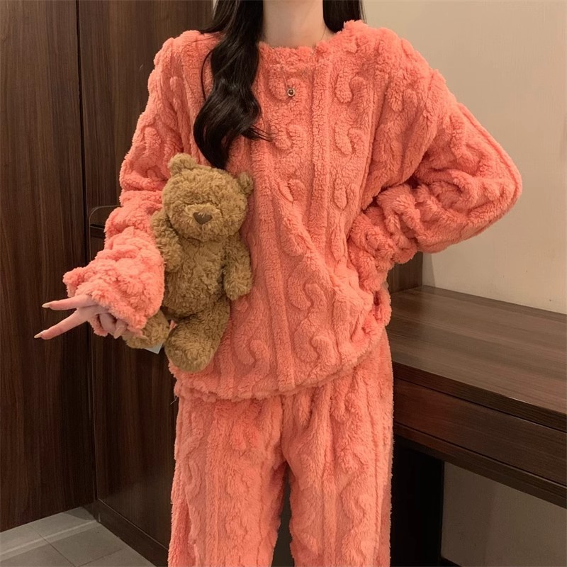 Pink Coral Fleece Jacquard Thermal Pajama Set — Autumn/Winter Fleece-Lined view 4
