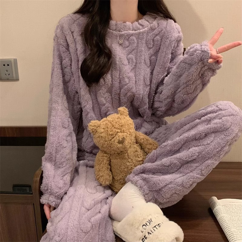 Purple Coral Fleece Jacquard Thermal Pajama Set — Autumn/Winter Fleece-Lined — image 1