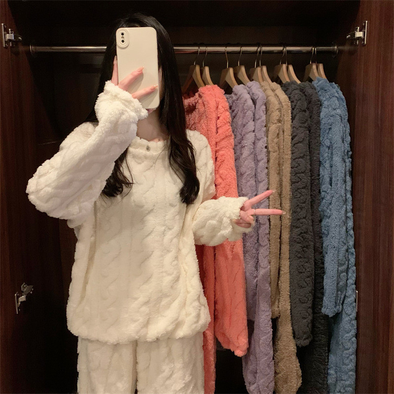 Purple Coral Fleece Jacquard Thermal Pajama Set — Autumn/Winter Fleece-Lined view 2