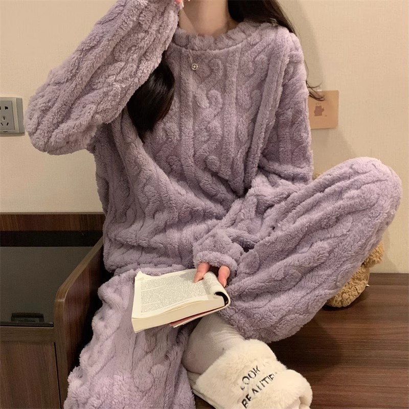 Purple Coral Fleece Jacquard Thermal Pajama Set — Autumn/Winter Fleece-Lined view 3