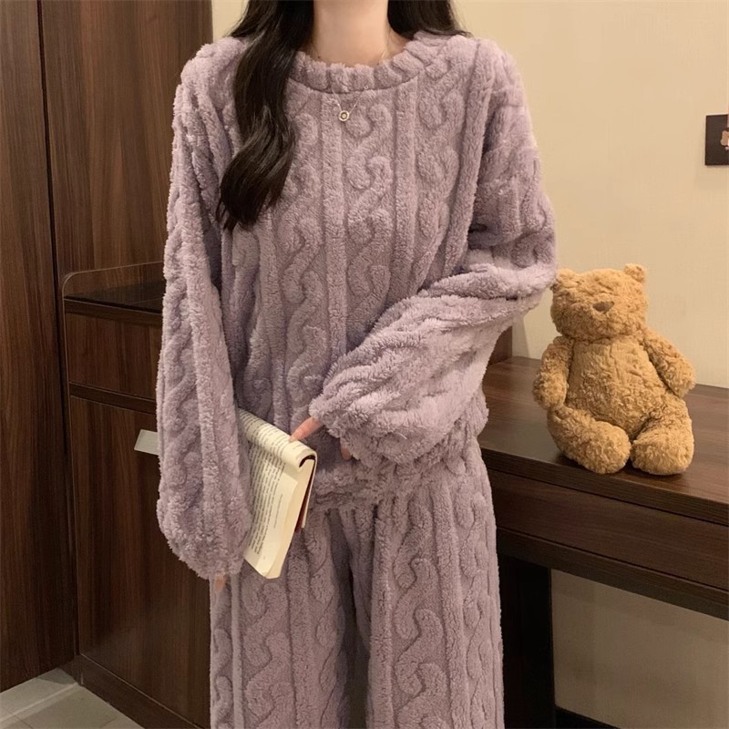 Purple Coral Fleece Jacquard Thermal Pajama Set — Autumn/Winter Fleece-Lined view 4