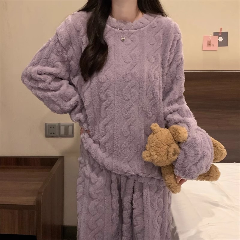 Purple Coral Fleece Jacquard Thermal Pajama Set — Autumn/Winter Fleece-Lined view 5