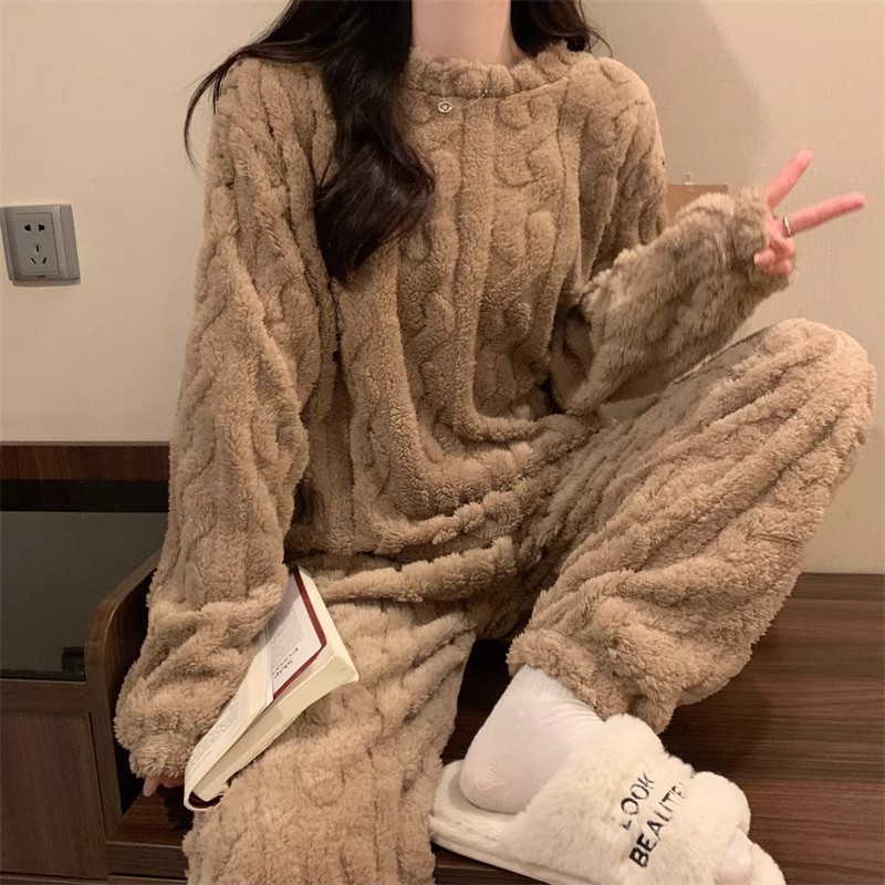 Khaki Coral Fleece Jacquard Thermal Pajama Set — Autumn/Winter Fleece-Lined — image 1