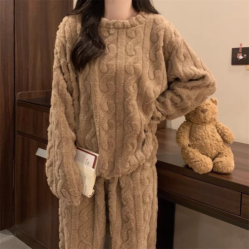 Khaki Coral Fleece Jacquard Thermal Pajama Set — Autumn/Winter Fleece-Lined view 3