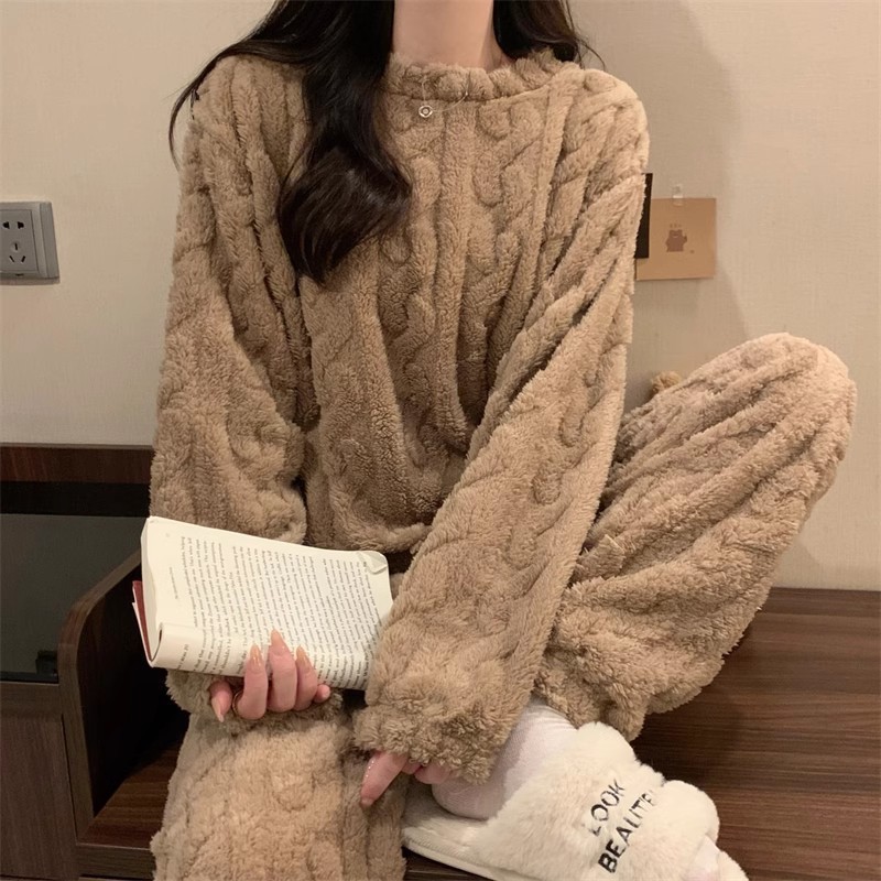 Khaki Coral Fleece Jacquard Thermal Pajama Set — Autumn/Winter Fleece-Lined view 4
