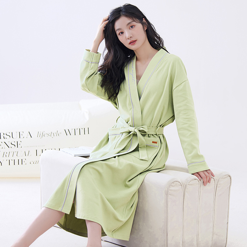 Green M size Women's Cotton Robe — Autumn/Winter Bathrobe & Morning Gown