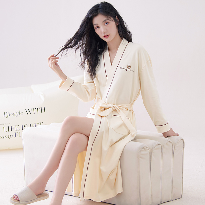 Beige M size Women's Cotton Robe — Autumn/Winter Bathrobe & Morning Gown