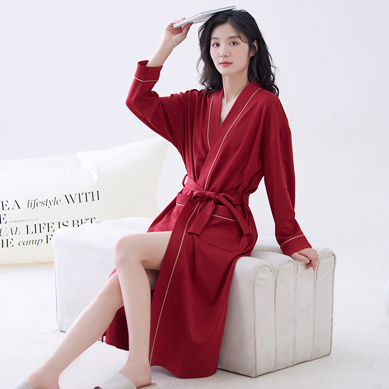 Red XL size Women's Cotton Robe — Autumn/Winter Bathrobe & Morning Gown