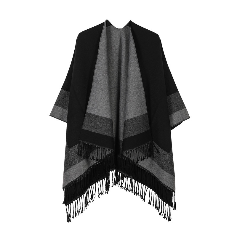 Black elegant women's tassel cape shawl scarf