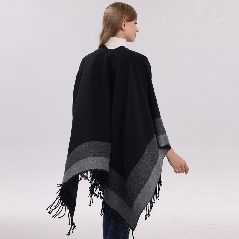 Black elegant women's tassel cape shawl scarf view 7